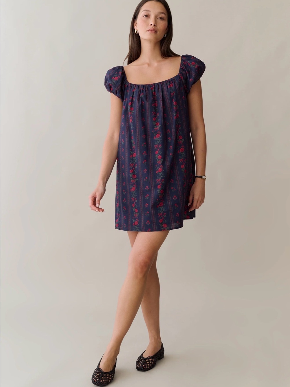 Few Moda Sorella Atelier Nya Cotton Mini Dress Scarlet Vine Puff Sleeve size S
